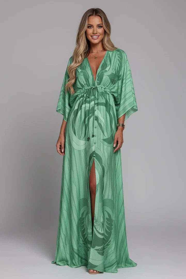 Robe longue pour femme — coupe ample imprimée avec cordon de serrage | vacances