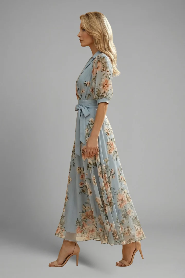 Robe mi-longue pour femme — modèle évasé à imprimé floral imprimé