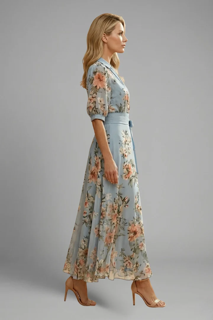 Robe mi-longue pour femme — modèle évasé à imprimé floral imprimé