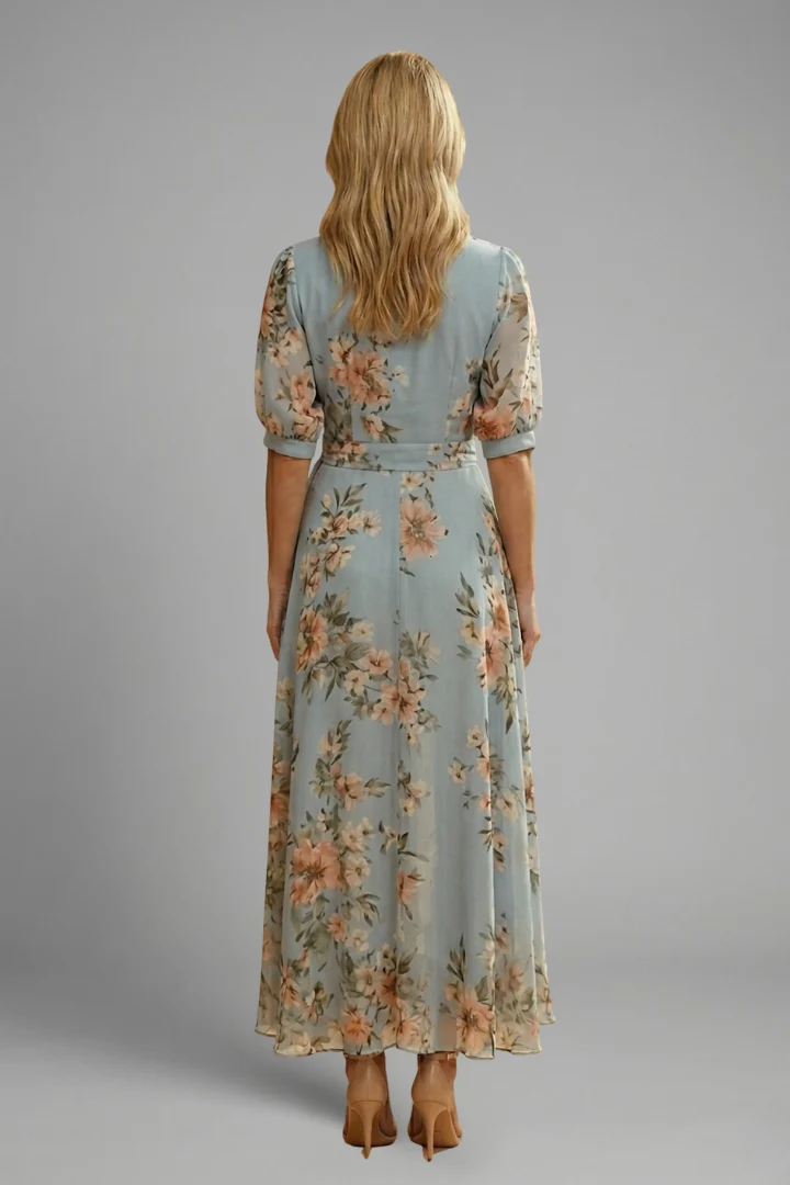 Robe mi-longue pour femme — modèle évasé à imprimé floral imprimé