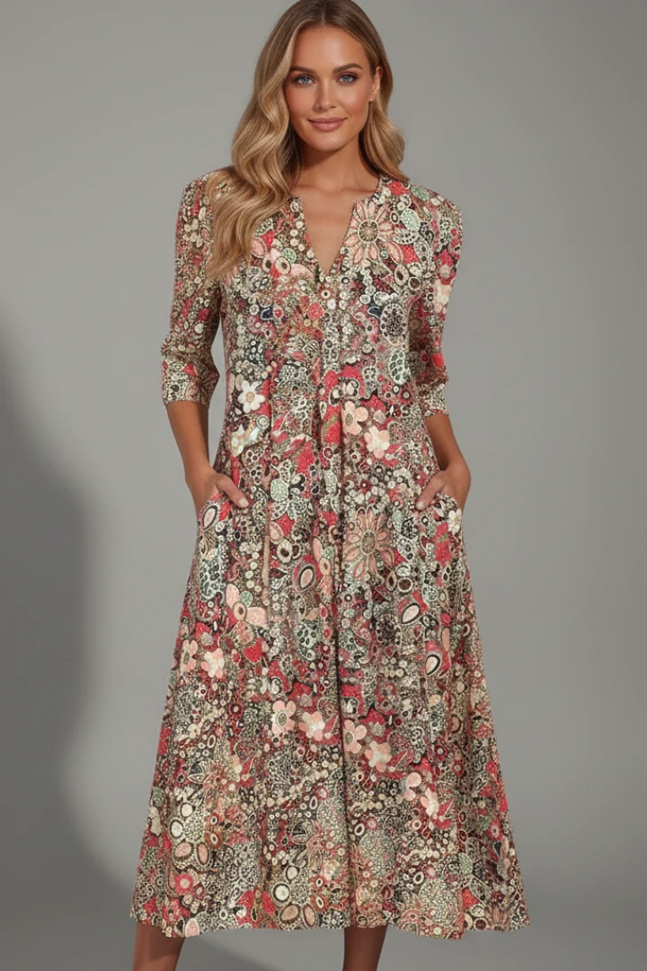 Robe mi-longue pour femme — modèle fluide sans fermeture à imprimé floral