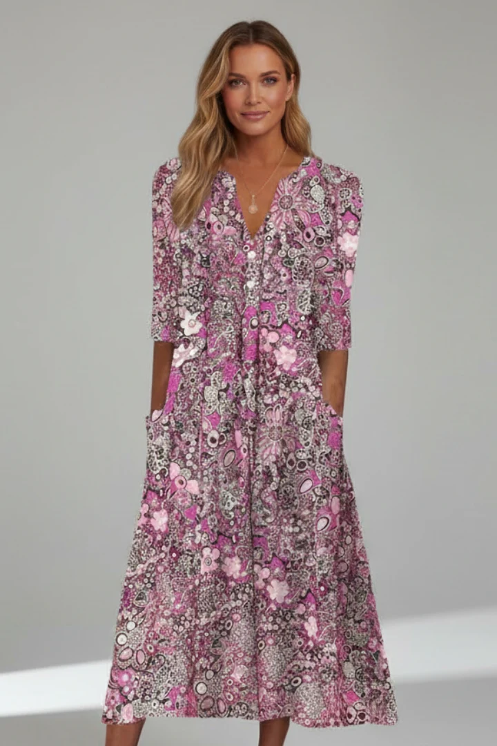 Robe mi-longue pour femme — modèle fluide sans fermeture à imprimé floral