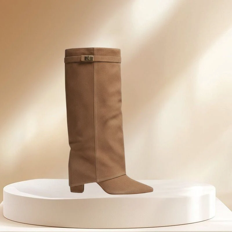 Bottes Hautes en Daim avec Ourlet et Talon Carré