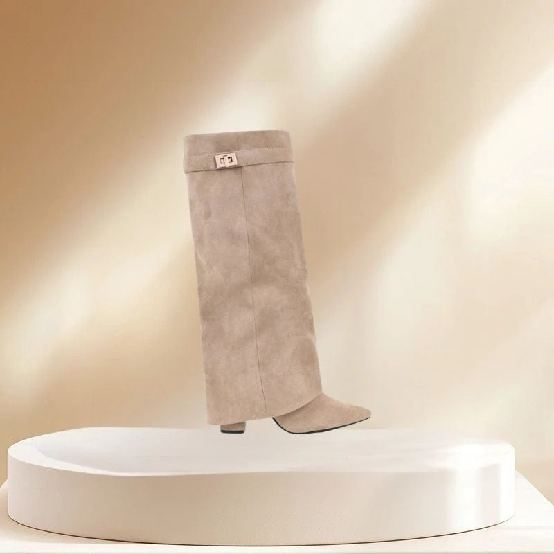 Bottes Hautes en Daim avec Ourlet et Talon Carré