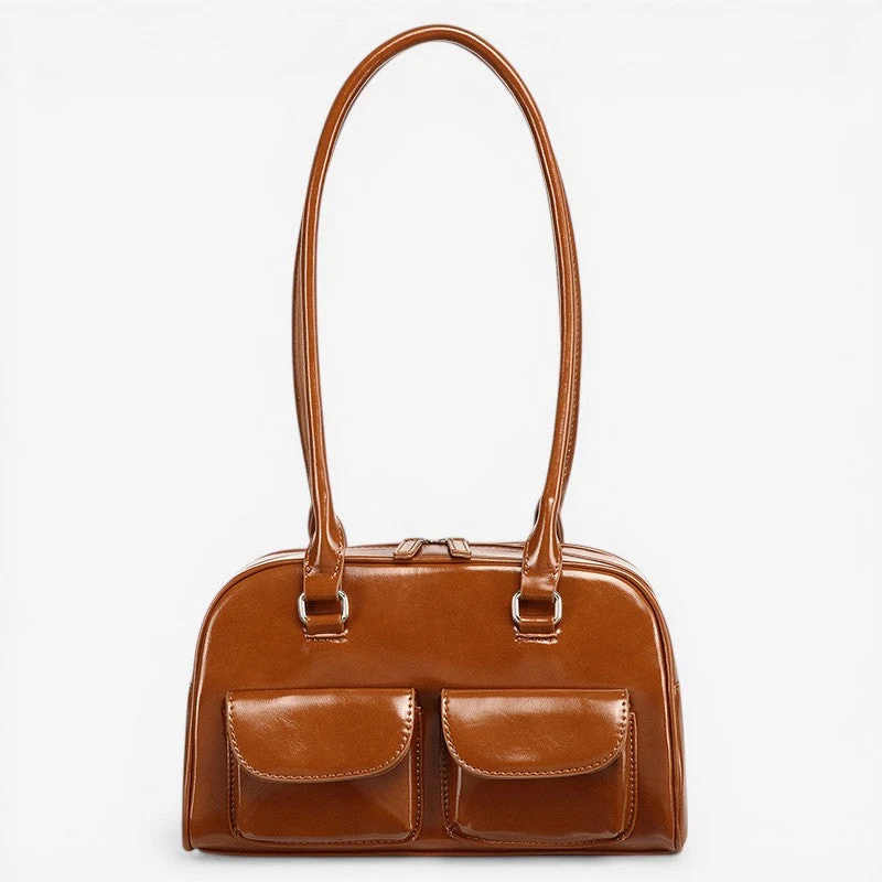 Sac à Main Multi-Poches en Cuir avec Fermeture Zippée et Poignée Pratique
