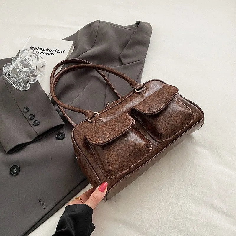 Sac à Main Multi-Poches en Cuir avec Fermeture Zippée et Poignée Pratique