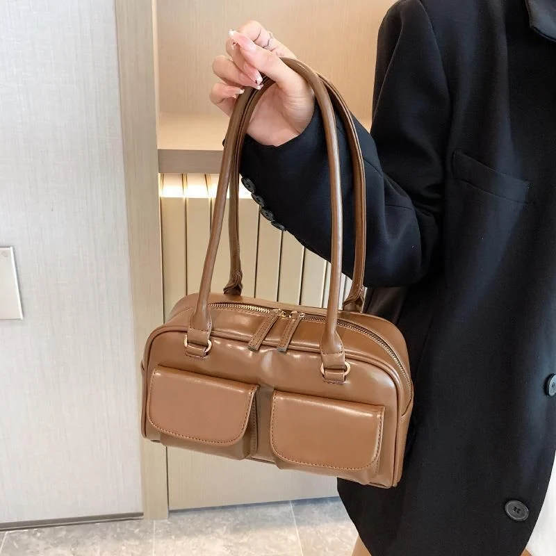 Sac à Main Multi-Poches en Cuir avec Fermeture Zippée et Poignée Pratique