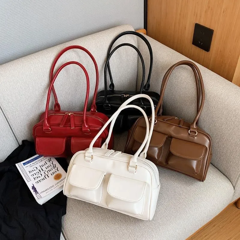 Sac à Main Multi-Poches en Cuir avec Fermeture Zippée et Poignée Pratique