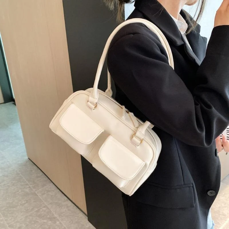 Sac à Main Multi-Poches en Cuir avec Fermeture Zippée et Poignée Pratique