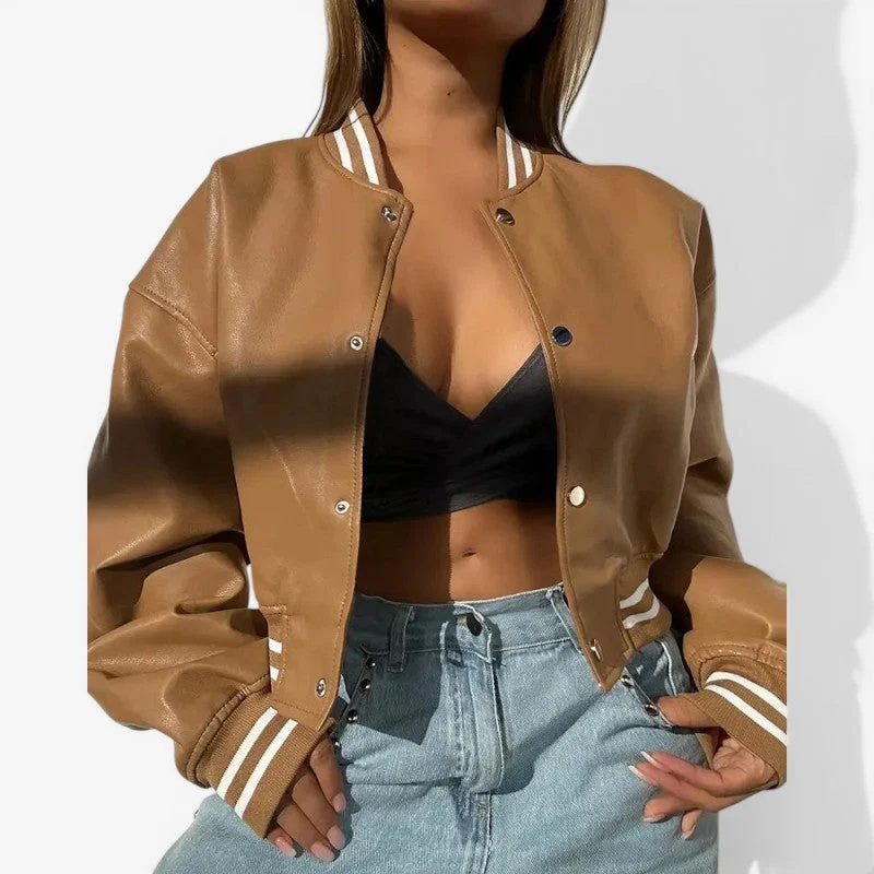 Veste Courte en Cuir avec Col Rond et Fermeture Boutonnée