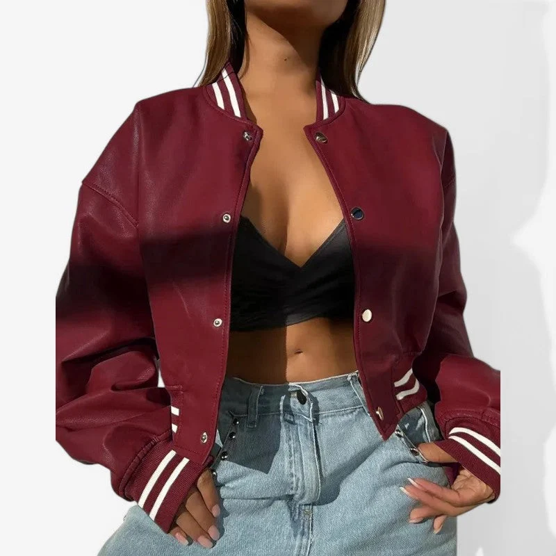 Veste Courte en Cuir avec Col Rond et Fermeture Boutonnée