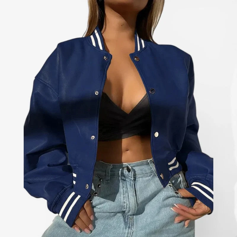 Veste Courte en Cuir avec Col Rond et Fermeture Boutonnée