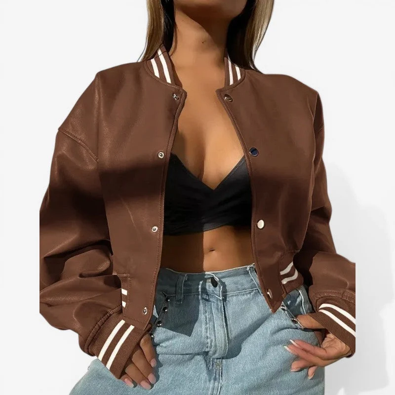 Veste Courte en Cuir avec Col Rond et Fermeture Boutonnée