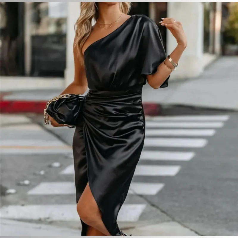 Robe femme asymétrique une épaule drapée