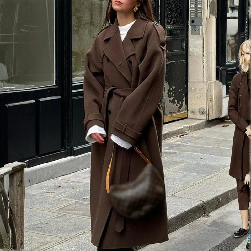 Manteau Long avec Col à Revers, Ceinture et Fermeture Boutonnée Double
