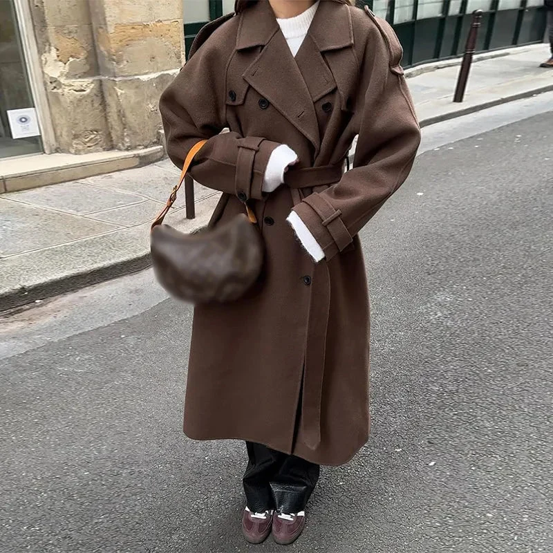 Manteau Long avec Col à Revers, Ceinture et Fermeture Boutonnée Double