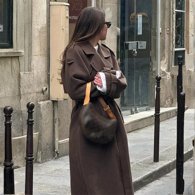 Manteau Long avec Col à Revers, Ceinture et Fermeture Boutonnée Double