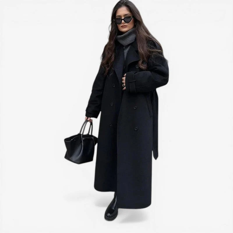 Manteau Long avec Col à Revers, Ceinture et Fermeture Boutonnée Double