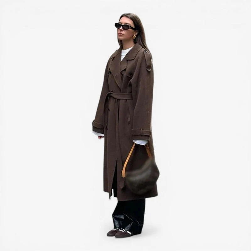 Manteau Long avec Col à Revers, Ceinture et Fermeture Boutonnée Double