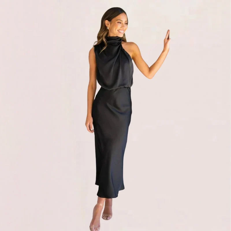 Robe midi drapée sans manches à col halter