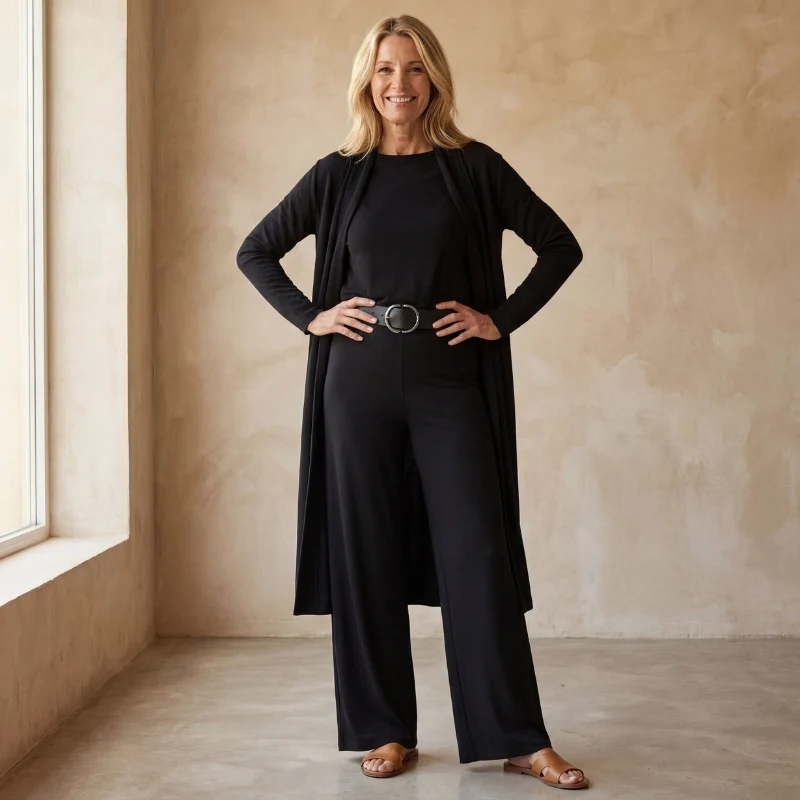 Ensemble 3 Pièces avec Long Cardigan Ouvert et Pantalon Ajusté