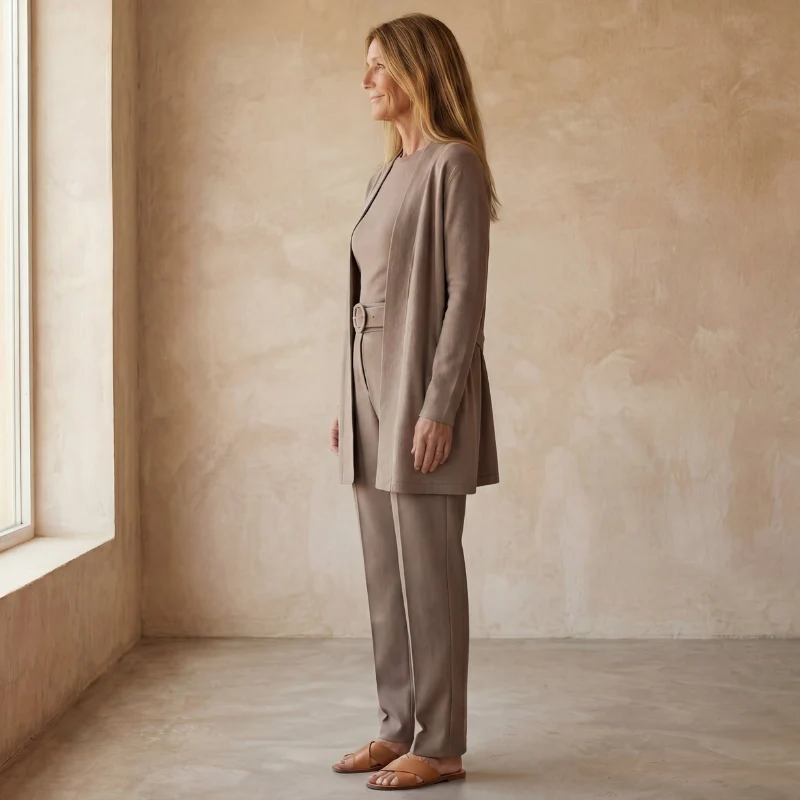 Ensemble 3 Pièces avec Long Cardigan Ouvert et Pantalon Ajusté