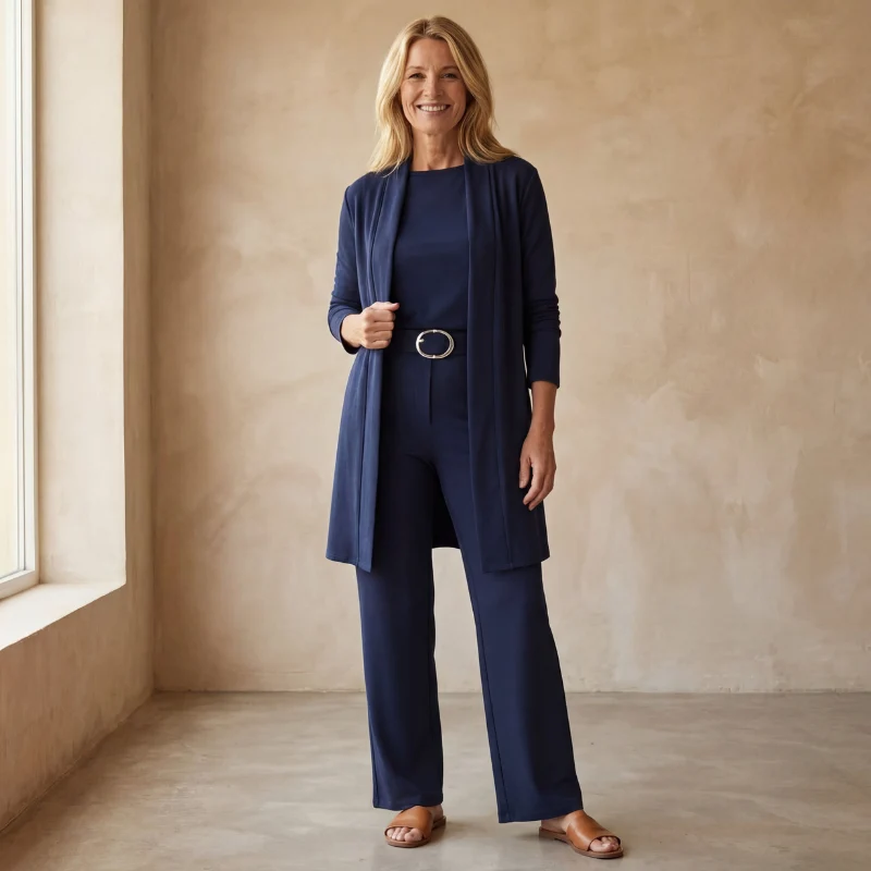 Ensemble 3 Pièces avec Long Cardigan Ouvert et Pantalon Ajusté