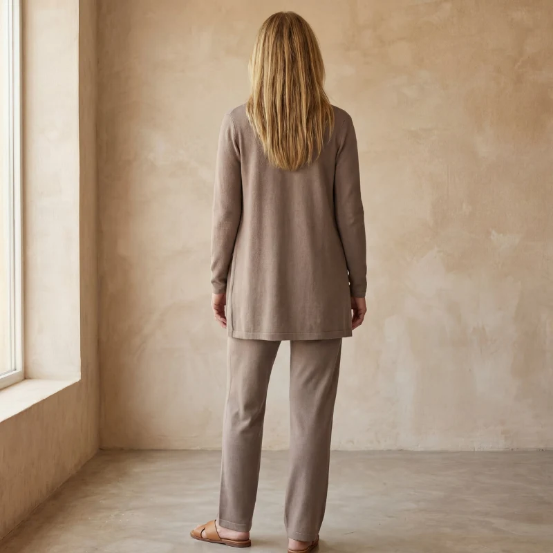 Ensemble 3 Pièces avec Long Cardigan Ouvert et Pantalon Ajusté