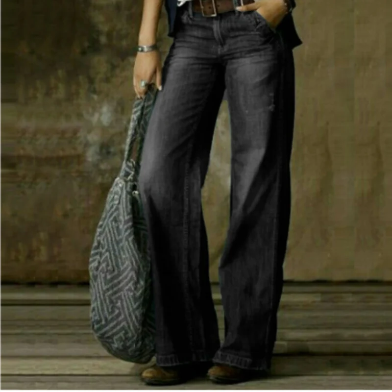 Pantalon en Jean Taille Haute à Jambes Larges avec Poches