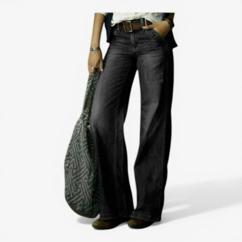 Pantalon en Jean Taille Haute à Jambes Larges avec Poches