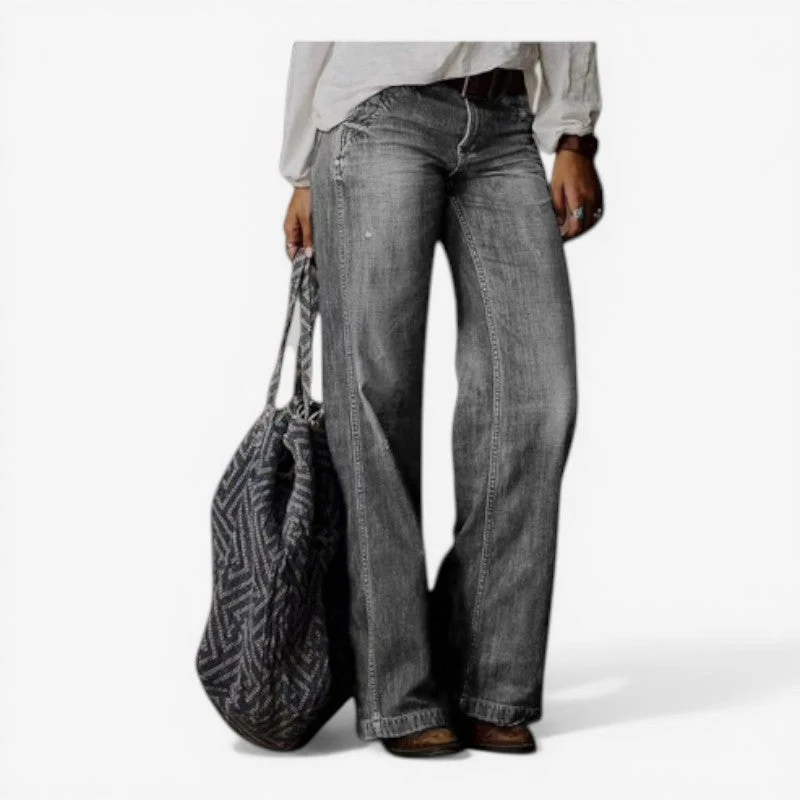 Pantalon en Jean Taille Haute à Jambes Larges avec Poches