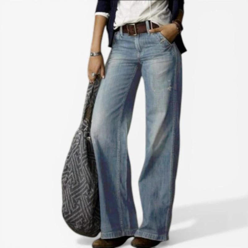 Pantalon en Jean Taille Haute à Jambes Larges avec Poches