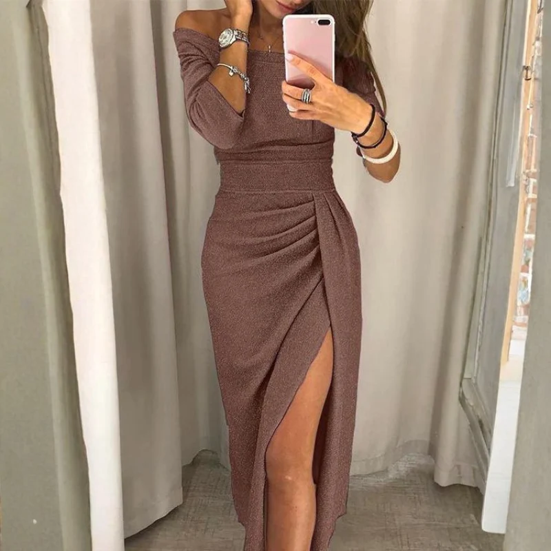Robe Midi Décolleté avec Fente et Manches Longues