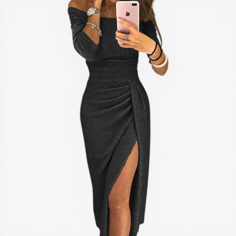 Robe Midi Décolleté avec Fente et Manches Longues