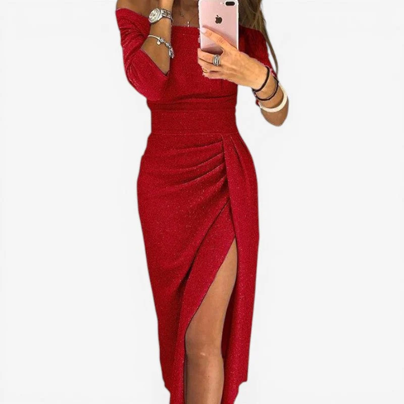 Robe Midi Décolleté avec Fente et Manches Longues