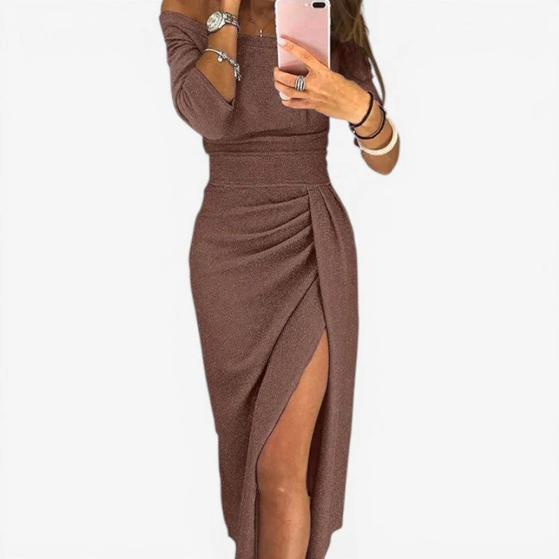 Robe Midi Décolleté avec Fente et Manches Longues