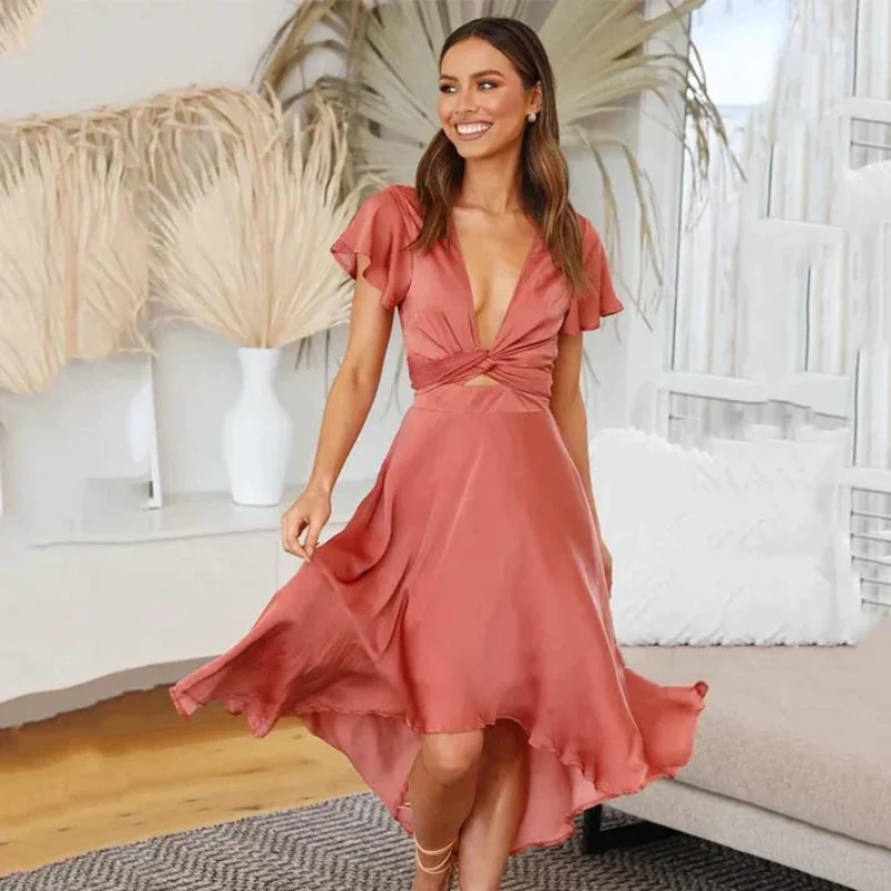 Robe Maxi à Col en V avec Volants et Ceinture Torsadée