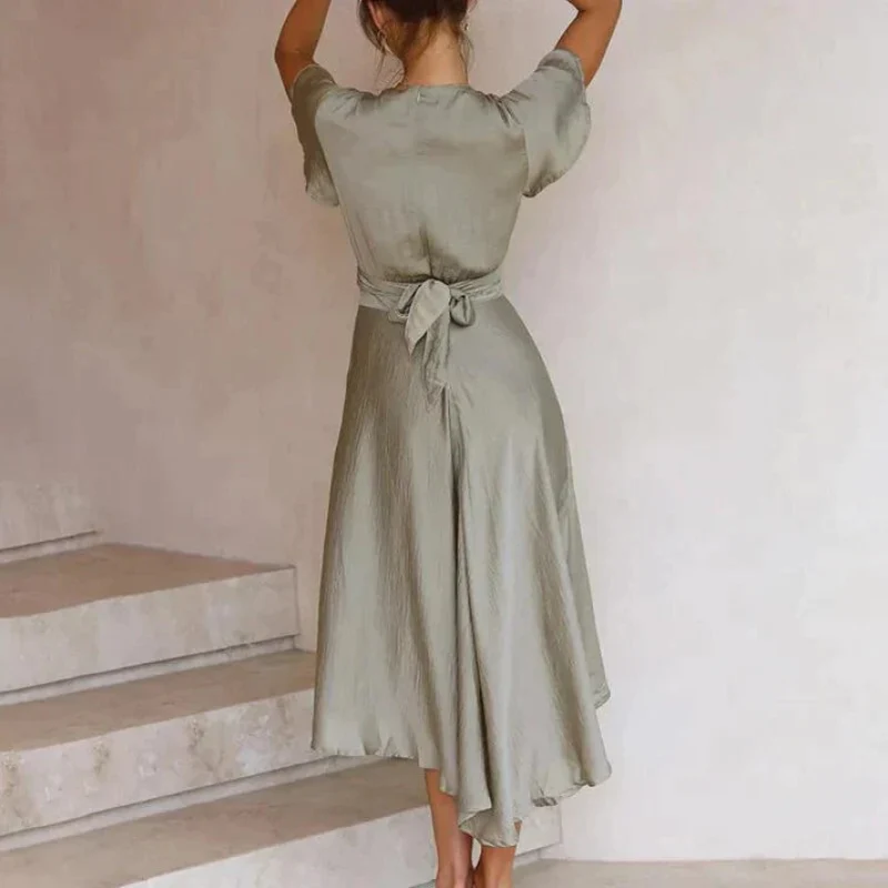 Robe Maxi à Col en V avec Volants et Ceinture Torsadée