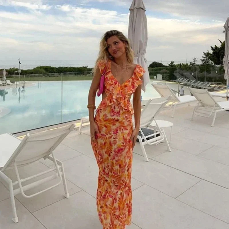 Robe longue femme à volants
