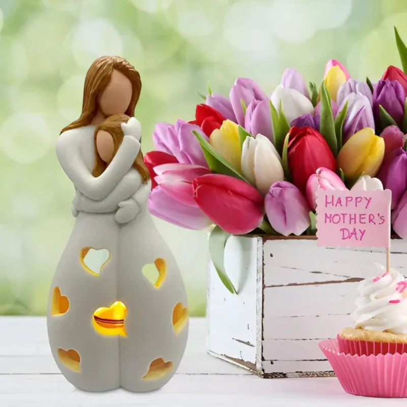 Cadeau Fête Des Mères | Statue porte-bougie mère et fille s’embrassant