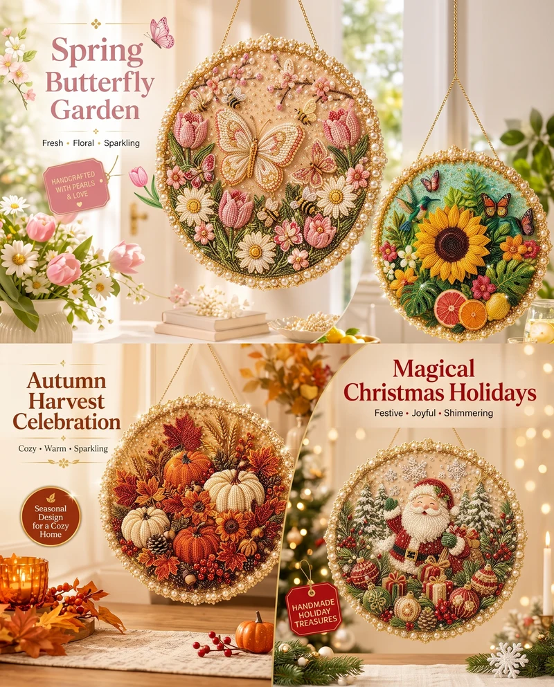 🌸🌻 Kit de Couronne Suspendue en Perles Artistiques pour les Quatre Saisons et les Fêtes 🍂🎄