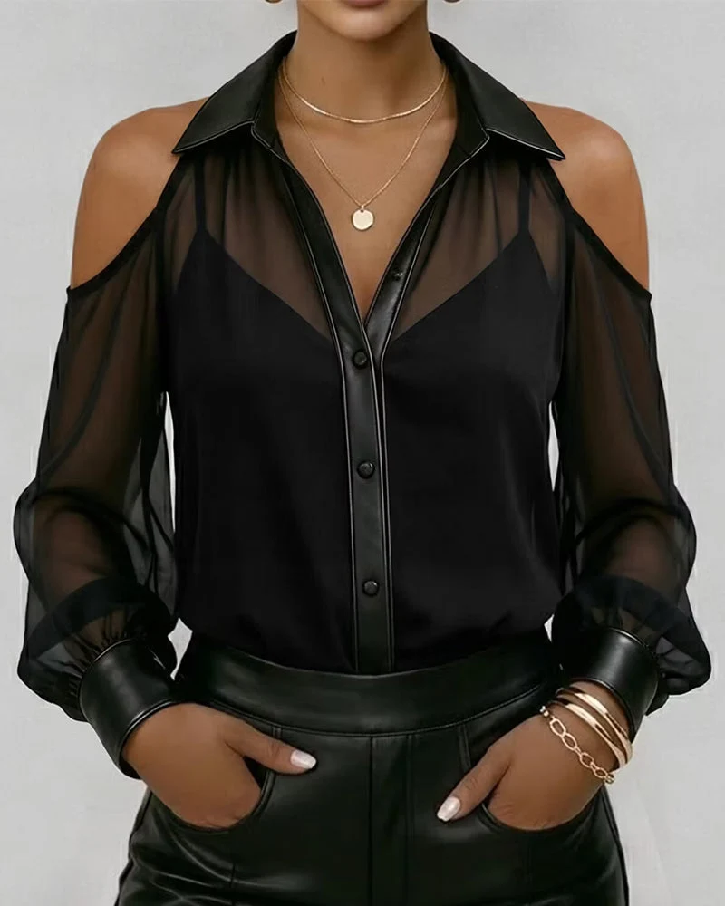 Haut Revers Boutonnage Épaule Nue Tulle