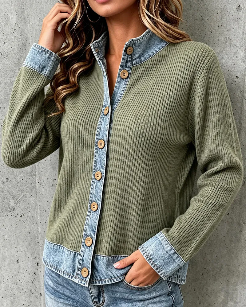 Manteau Décontracté Denim Panneau Tricoté