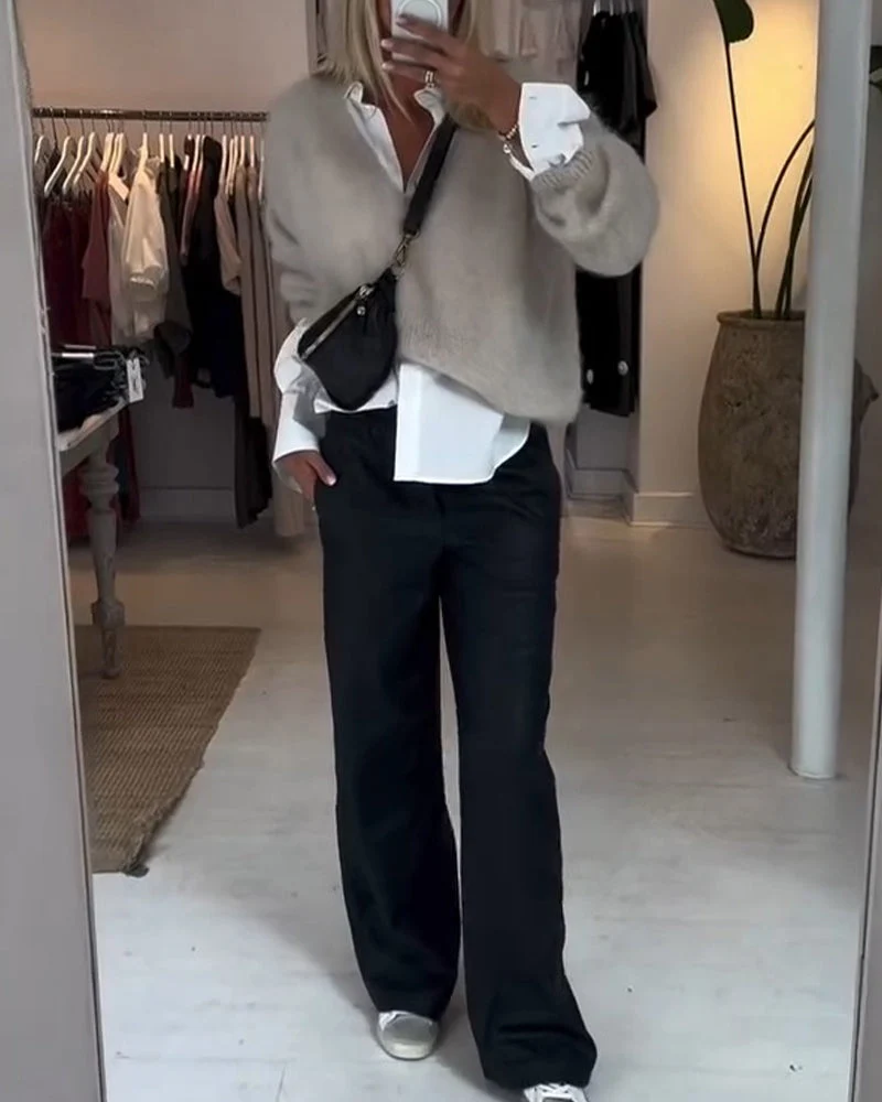 Pantalon Drapé Jambe Large Décontracté Cuir