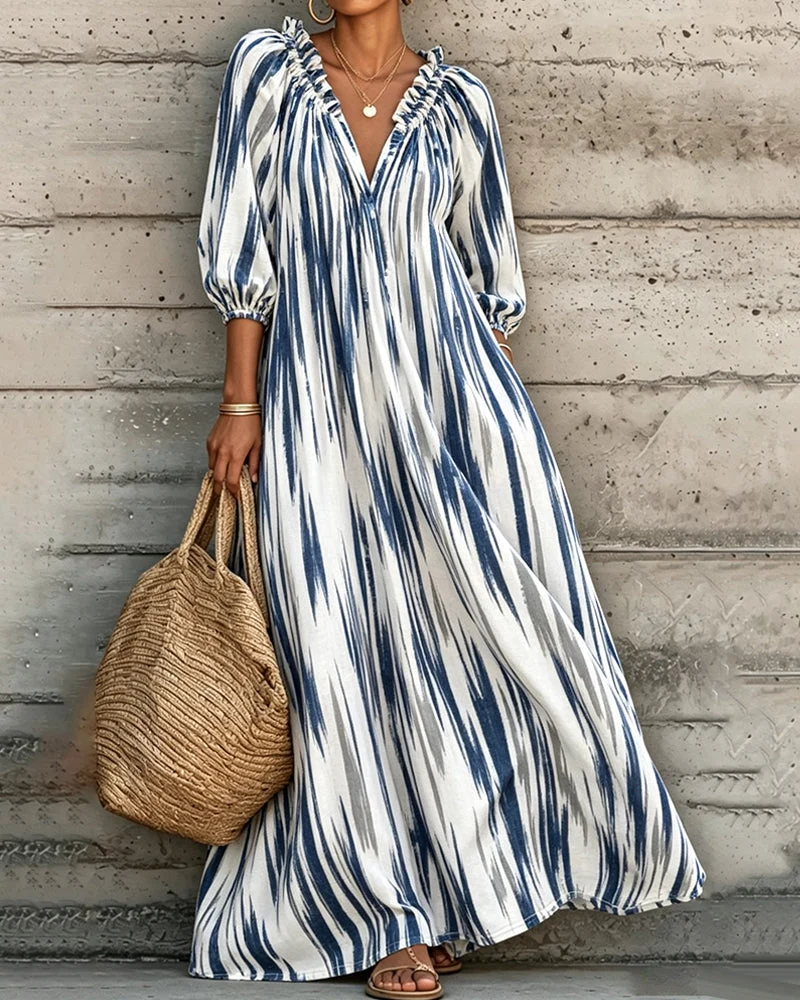 Robe Tie-Dye Col En V Manches Ballon Longue Resort