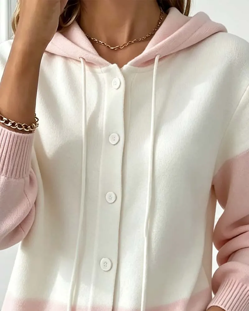 Cardigan Bloc De Couleur Capuche Boutonnage Simple Tricoté