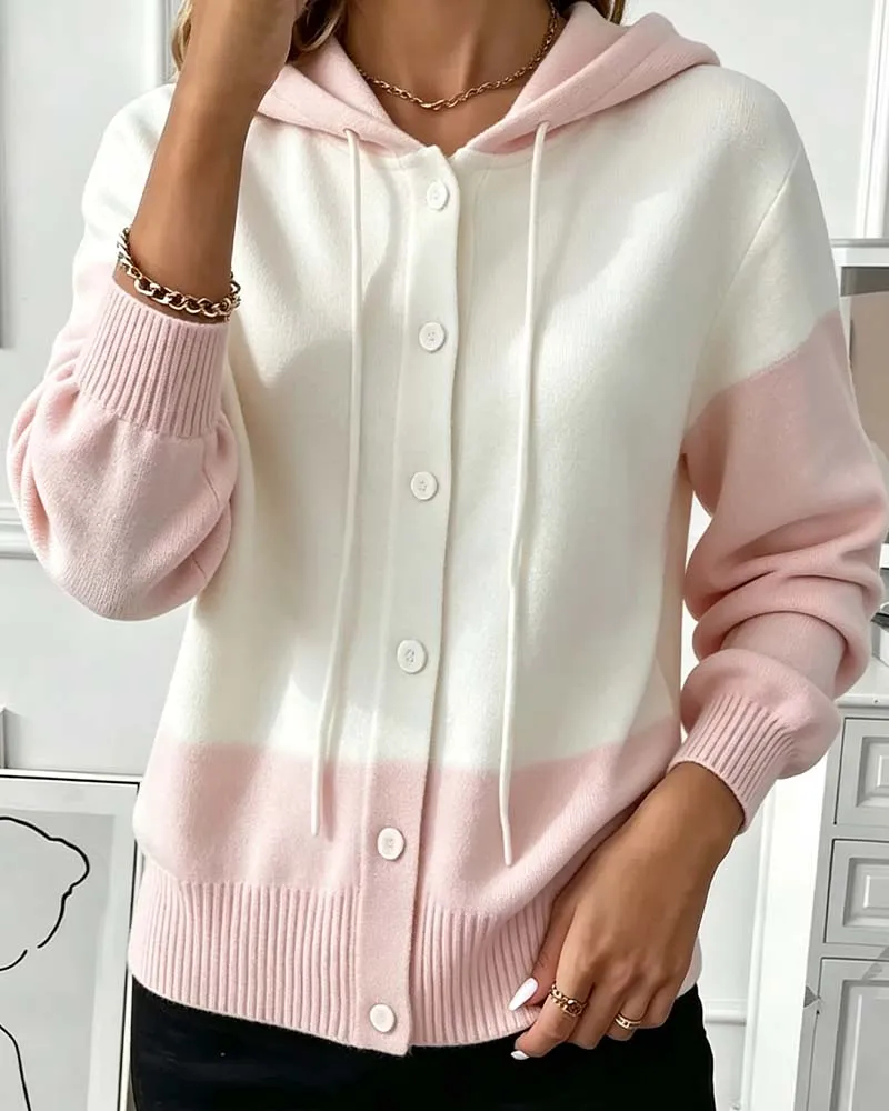 Cardigan Bloc De Couleur Capuche Boutonnage Simple Tricoté