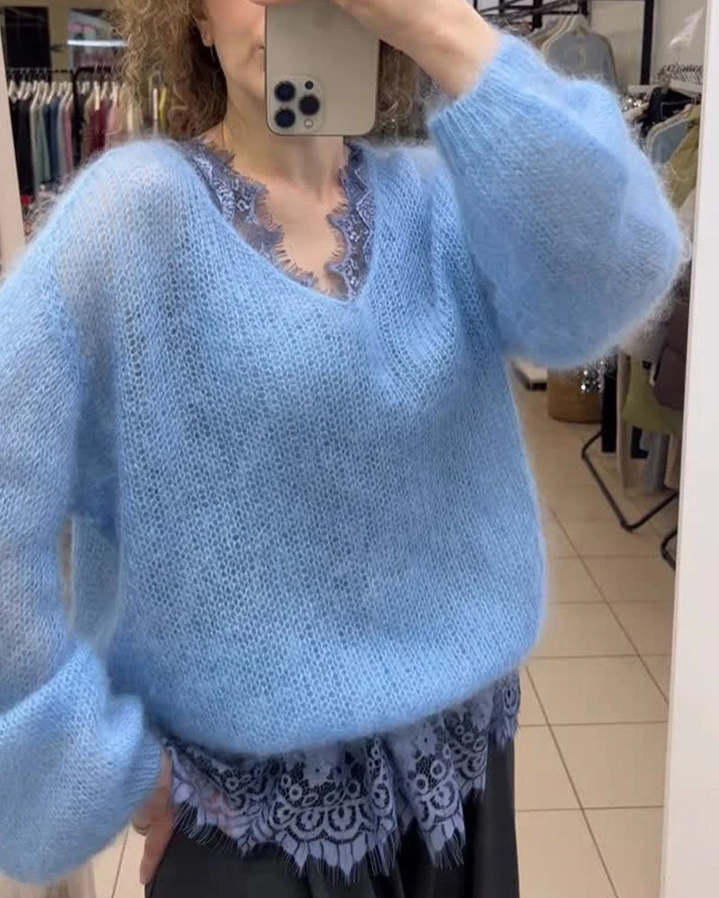 Pullover Col V Uni Patchwork