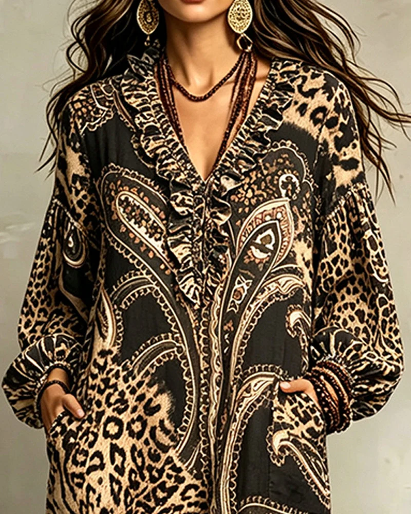 Robe Col V Volant Manche Ballon Poche