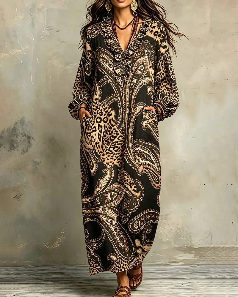 Robe Col V Volant Manche Ballon Poche